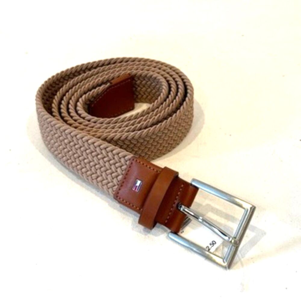 Tommy Hilfiger Khaki Brown Tan Braided Men's Belt NEW XL Silver Buckle